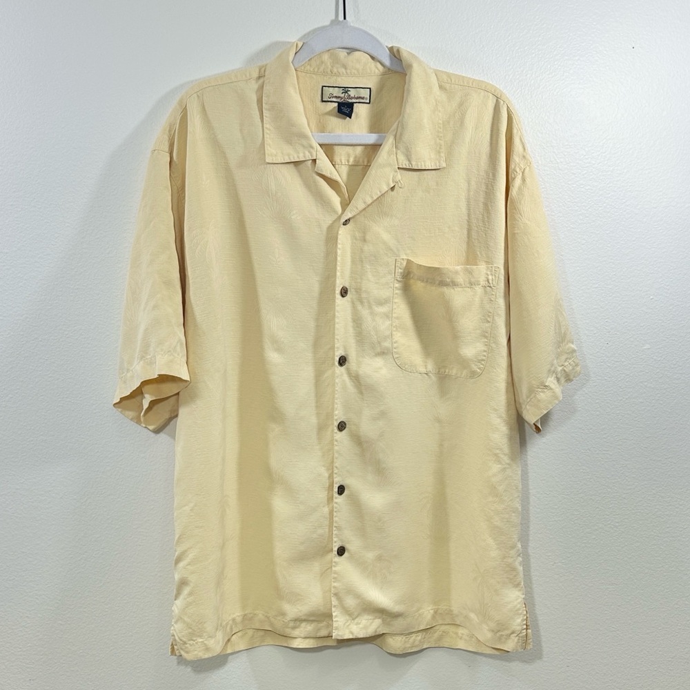 Tommy Bahama 100% Silk Men’s Button Up Shirt Pale Yellow Palm Print Size L